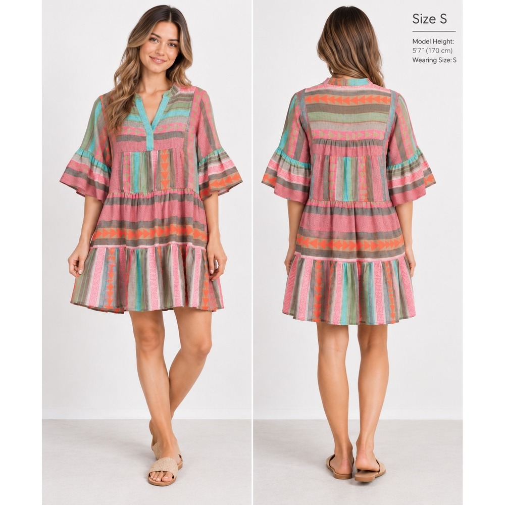 Grace + Karma Embroidered Tiered Boho Mini Dress Pink Orange Green Small